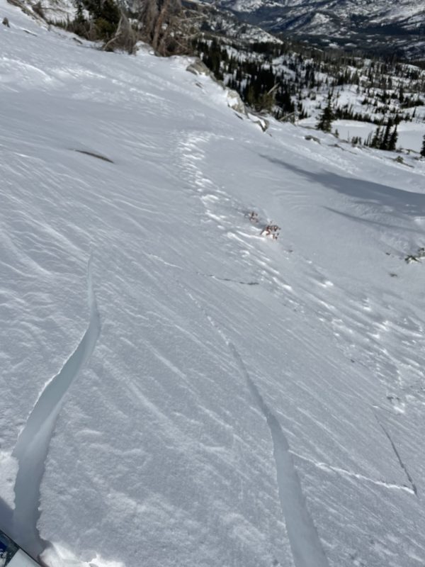 Fresh wind slabs sensitive to weight of skier along the ridges at 7800’