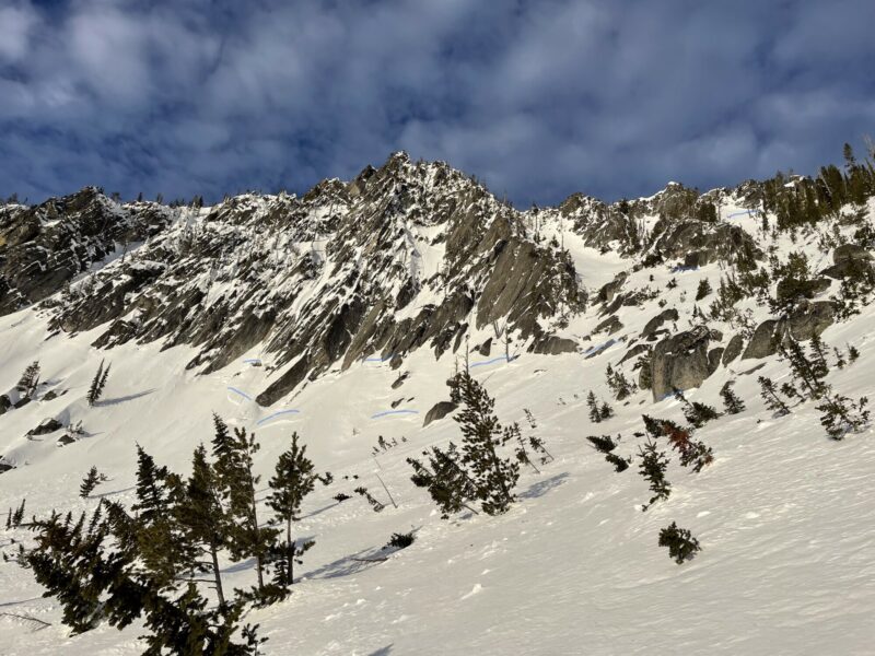 Old crowns in steep avalanche paths.