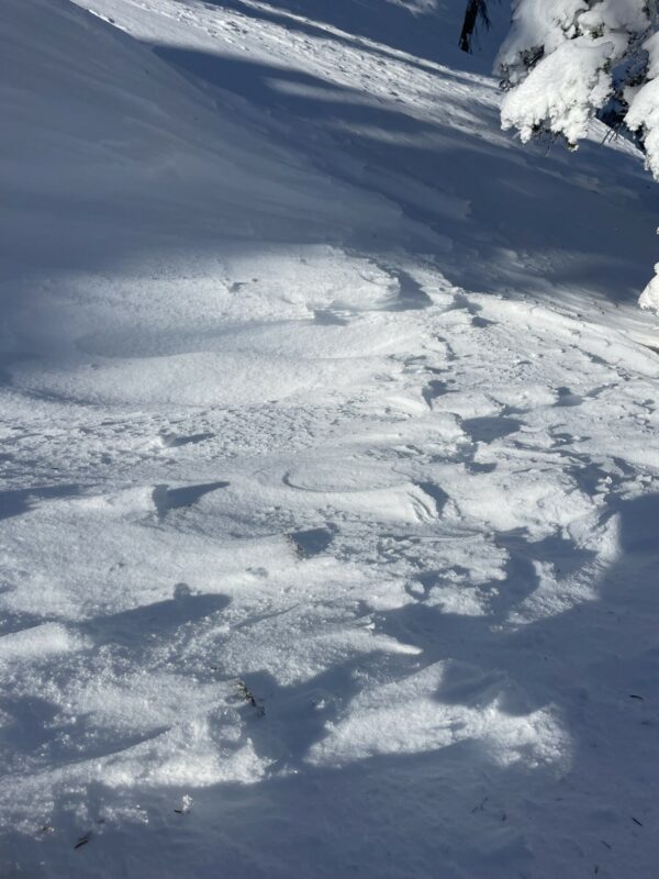 Wind affected snow along ridges from north winds on Monday.