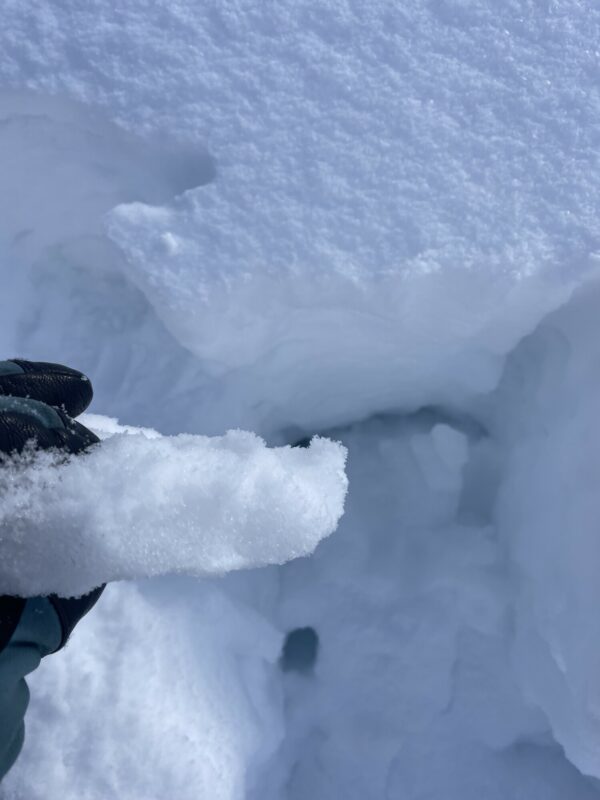 Thick solar crust on SE aspect at 6800’ underneath the new 6 inches.